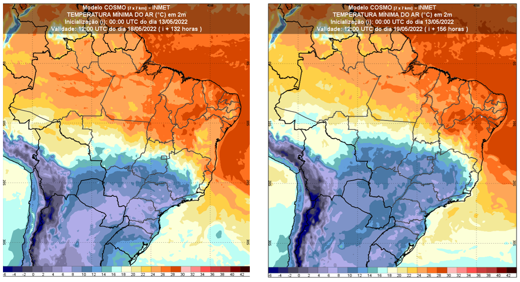Figura 1: Previsão temperatura mínima às 9 horas (horário de Brasília) dos dias 18 e 19/05/2022
