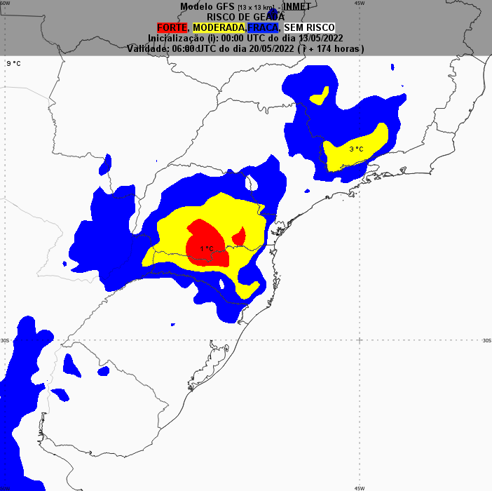 Figura 2: Tendência de risco de geada para às 9 horas (horário de Brasília) do dia 20/05/2022.