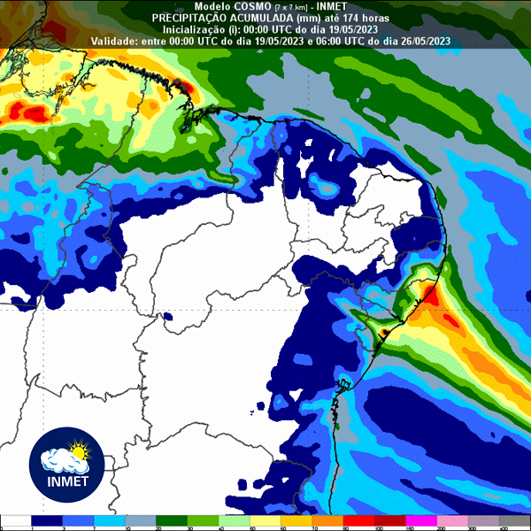 Figura 1 – Previsão de chuva acumulada, do modelo numérico Cosmo 7 km, para o período de 7 dias (19/05 às 00 UTC, até 26/05 às 06 UTC).