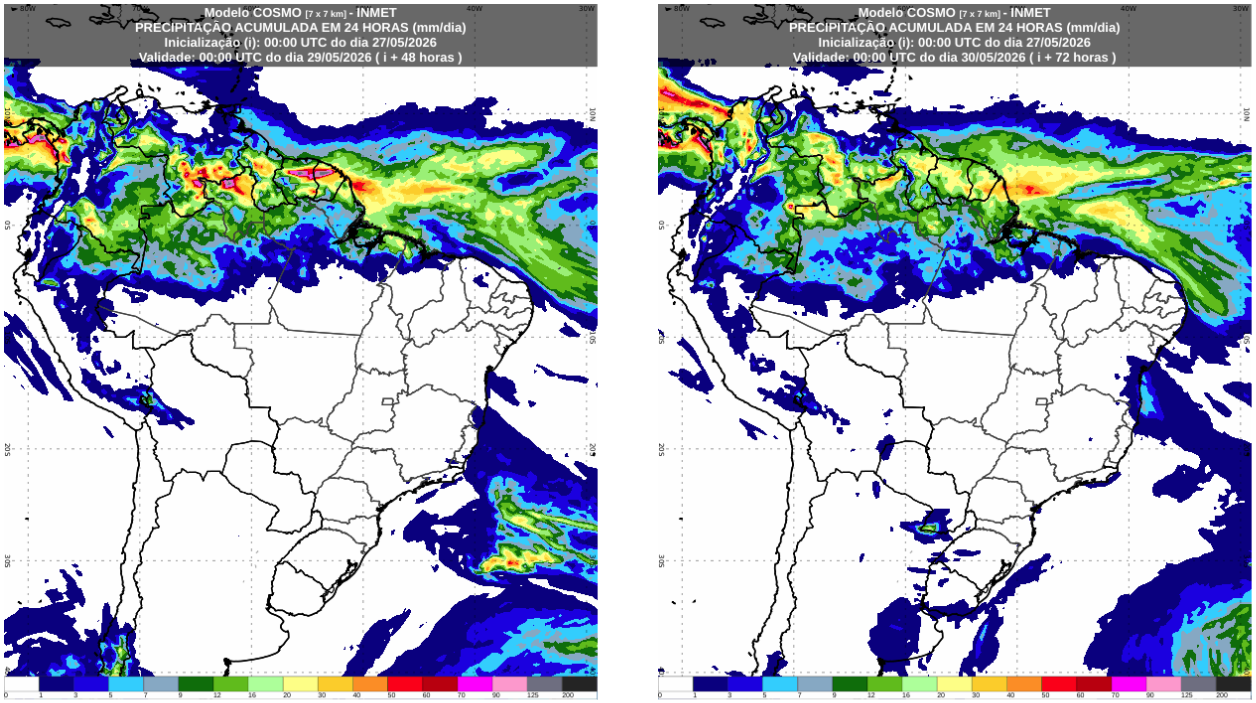 Previsão de chuva acumulada para os dias 28 e 29