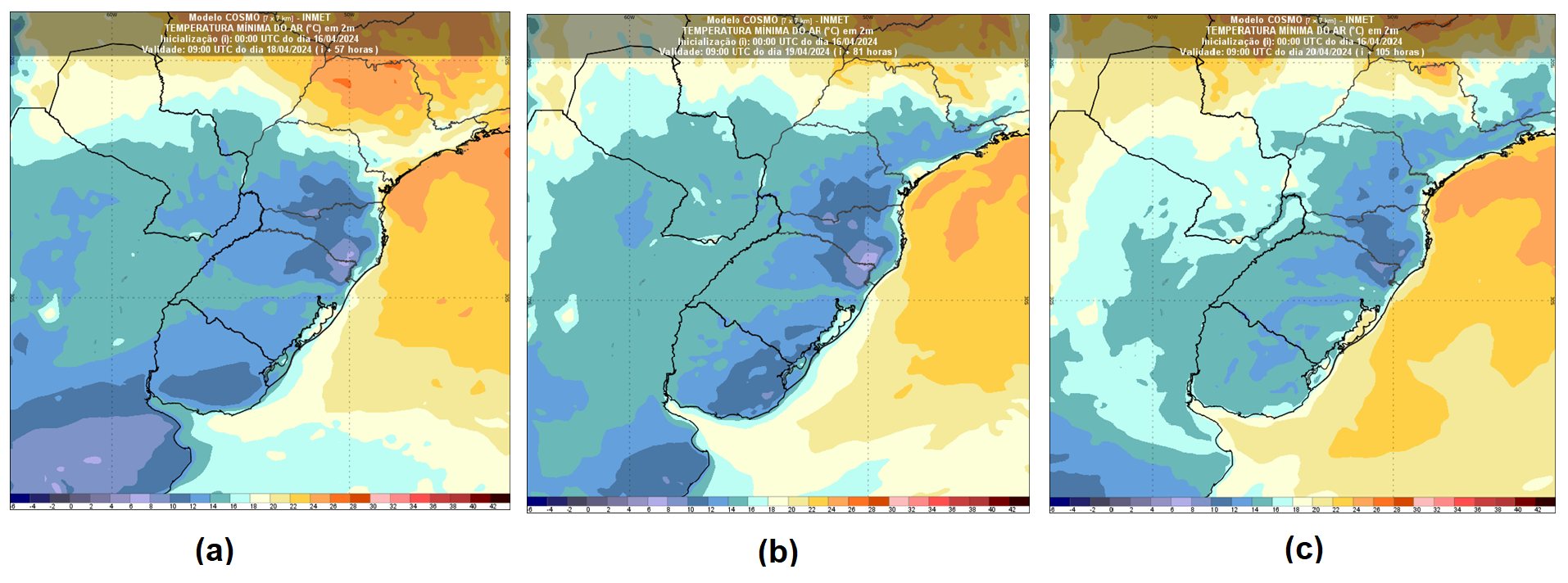 Figura 1: Temperaturas mínimas (em °C) previstas pelo modelo Cosmo-Inmet 7Km para (a) quinta-feira (18/05); (b) sexta-feira (19/05) e (c) sábado (20).