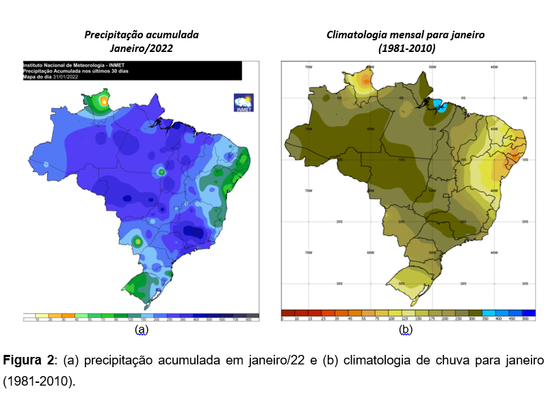 Precipitação acumulada em janeiro/22 e climatologia de chuva para janeiro (1981-2010).