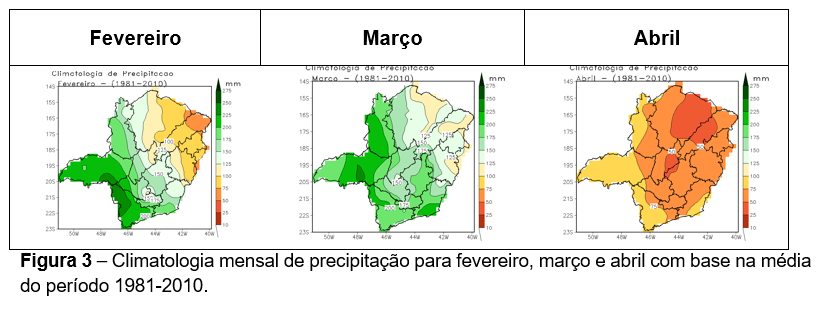 Climatologia mensal de precipitação para fevereiro, março e abril com base na média do período 1981-2010