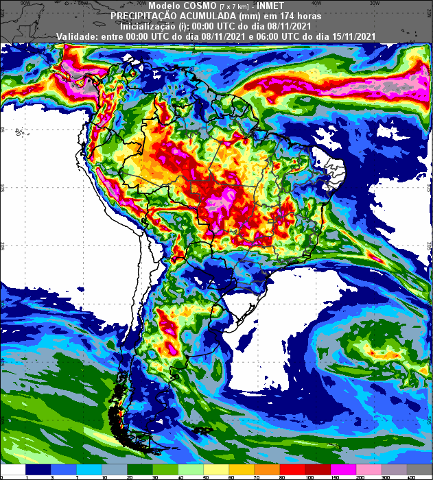 Mapa da previsão de chuva para a próxima semana no Brasil.